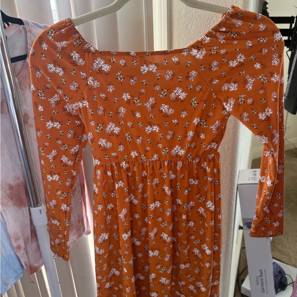 Good Luck Girl Orange Smocked Tie Front 3/4 Sleeve Casual Dress - Picture 3 of 3